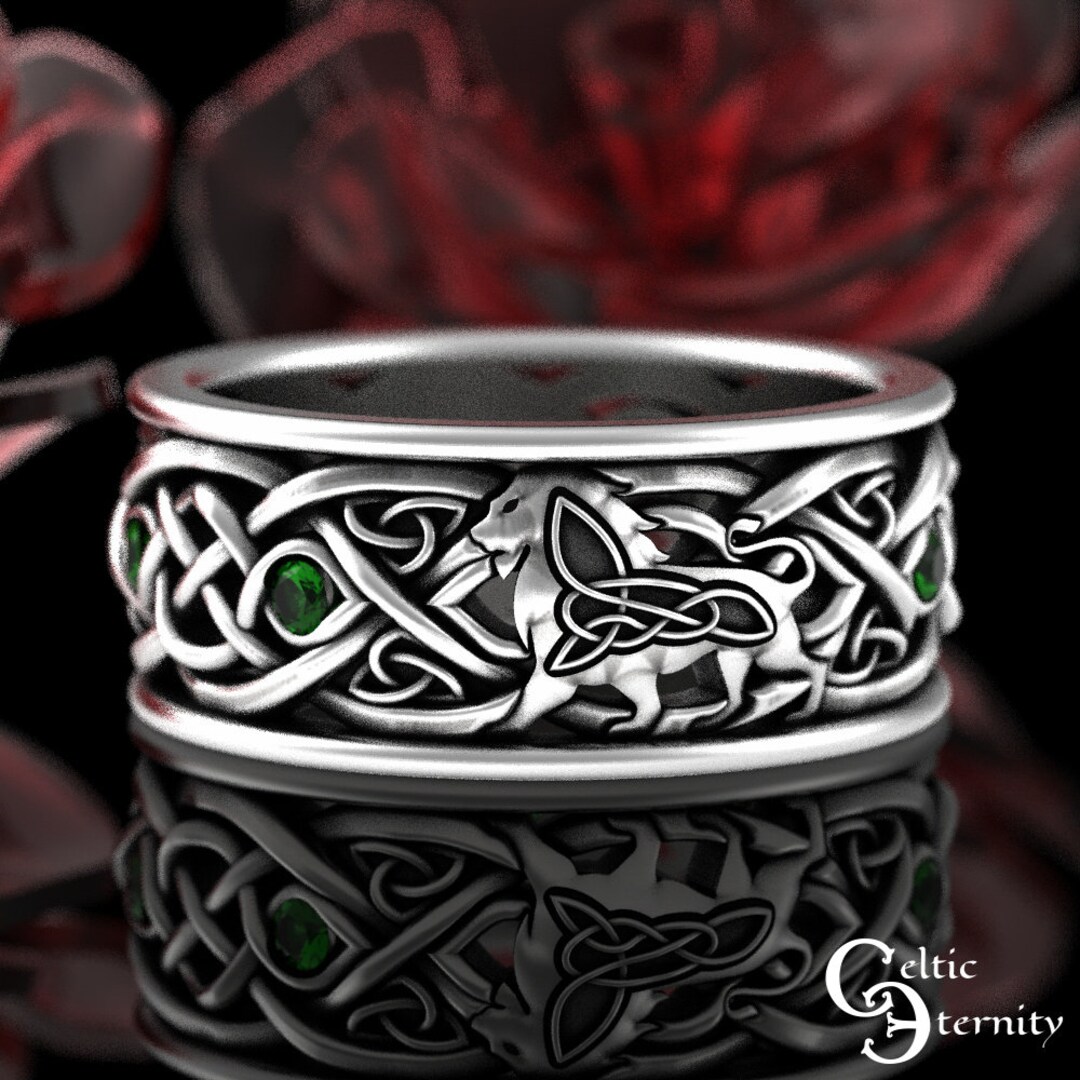 Sterling Emerald Lion Ring Silver Mens Lion Wedding Ring Etsy