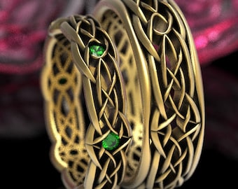 His Her Gold Celtic Knot Wedding Set Emeralds, Dris-Muine Infinity Knot Ring, 10K 14K 18K Gold Platinum Unique Wedding Band Set, 1416 111