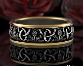 Sterling + 10K Gold Celtic Trinity Wedding Band, Mens 2tone Scottish Thistle Ring, Silver Bi-Metal Irish Knotwork Grooms Pagan Ring, 4021