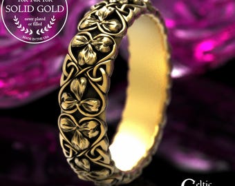 18K Gold Bride's Shamrock Ring, 14K White Gold Irish Natural Clover Wedding Band, Platinum Celtic Anniversary Ring, 10K Lucky Jewelry, 2063