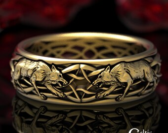 Direwolf Gold Ring, Celtic Wolf Ring, Viking Wolf Ring, Norse Wolf Ring, Wolf Wedding Band, Men's Gold Wedding Ring, Stark Ring, 1447