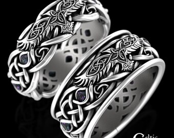 Sterling Viking Wedding Rings, Alexandrite Raven Rings, Celtic Raven Rings, Matching Wedding Bands, Matching Celtic Wedding Rings, 4728 4729