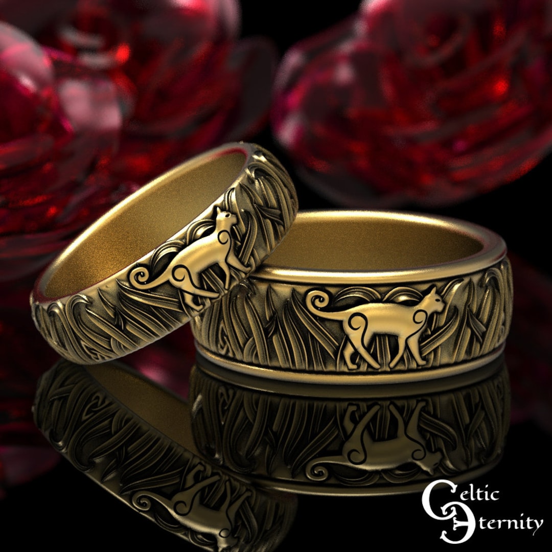Gold Cat Wedding Ring Set Matching Gold Cat Rings 10K Cat Etsy