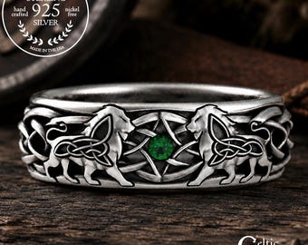 Sterling Scottish Men's Lion Wedding Ring, Celtic Silver Emerald Sapphire Ruby Lions Wedding Band, Grooms King of the Jungle Ring, 3047
