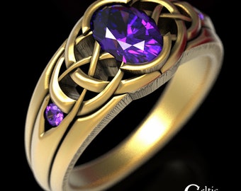 Amethyst Knotwork Engagement Ring, Gold Celtic Knotwork Ring, White Gold Celtic Wedding Ring, Amethyst Wide Ring, Womens Wide Ring, 1653