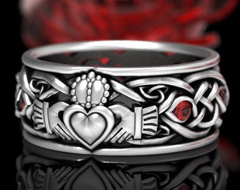 Mens Sterling Silver Celtic Claddagh Ring with Ruby, Modern Claddagh Wedding Ring, Red Trinity Knot Silver Heart Ring, Irish Love Ring 1688