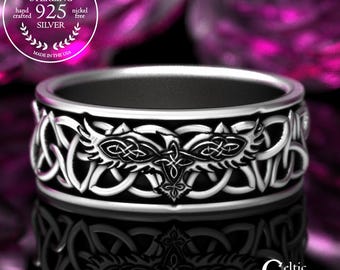 Sterling Silver Raven Triquetra Ring, Silver Celtic Corvid Wedding Band, Odin Avian Trinity Ring, Groom's Crow Ring, Sacred Union, 1171