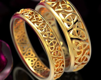His & Hers Wedding Rings, Celtic Wedding Ring Set Trinity Knot Design, In 10K 14K 18K Gold Platinum, Matching Celtic Wedding Rings 200 + 201
