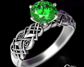 Sterling & Emerald Celtic Engagement Ring, Knotwork Engagement Ring, Emerald Celtic Engagement Ring, Silver Irish Engagement Ring, 1656