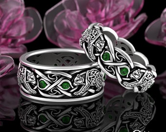 His Hers Nordic Viking Wedding Bands, Sterling Emerald Bear Rings, Matching Bear Wedding Rings, Scottish Bear Ring, Irish Knotwork 3095 1682