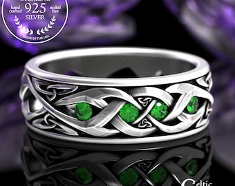 Men's Sterling & Emerald Irish Ring, Silver Celtic Groom Ring, Trinity Weave Scottish Wedding Band, Man Braided Knotwork Jewelry, 2139