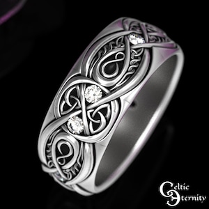 Moissanite Wide Wedding Band, Sterling Mens Celtic Wedding Band, Mens Infinity Ring, Mens Celtic Ring, Mens Infinity Wedding Ring, 1642