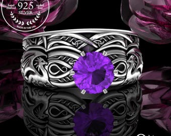 Amethyst & Silver Dragon Engagement Ring Set, Sterling Irish Dragons Solitaire Wedding Ring Set, Viking Fitted Engagement Set, 3185 1971