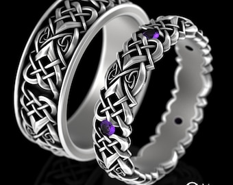Celtic Heart & Amethyst Wedding Ring Set, Sterling Heart Wedding Rings, His Hers Celtic Ring Set, Unique Wedding Bands, 4012 4014