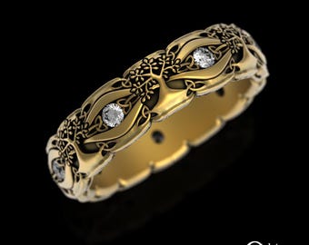 Womens Gold Tree of Life Ring, 10K 14K Moissanite Yggdrasil, Brides Platinum Irish Tree Wedding Band, 18K White Gold Botanical Forest, 3191