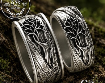 Sterling Matching Tree of Life Wedding Ring Set, Couples Nature Botanical Tree Bark Wedding Bands, 925 Silver Nature Wedding Set, 1793 3157