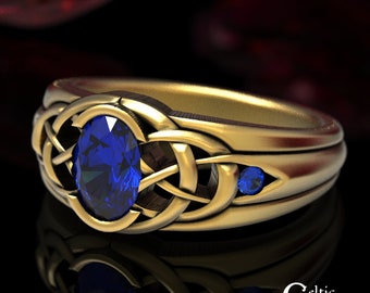 Sapphire Knotwork Engagement Ring, Gold Celtic Knotwork Ring, White Gold Celtic Wedding Ring, Sapphire Wide Ring, Womens Wide Ring, 1653