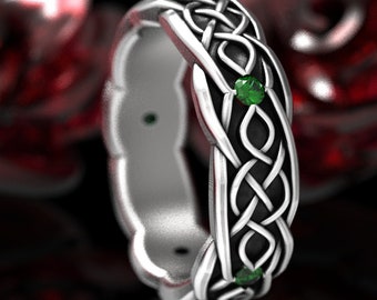 Infinity Pattern Ring, Sterling Silver & Emerald Ring, Celtic Wedding Band, Sterling Celtic Wedding Ring, Braided Infinity Celtic Ring, 1050