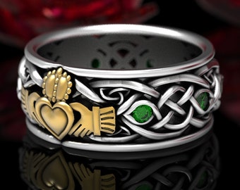 2-Tone Silver & 10K Gold Men Celtic Claddagh Ring with Emeralds, Claddagh Wedding Ring, Trinity Knot Silver Heart Ring, Irish Love Ring 1689