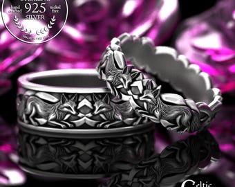 Bride & Groom Fox Wedding Rings, Sterling Celtic Foxes Ring Set, Silver Irish Matching Wedding Bands, 2152 2153