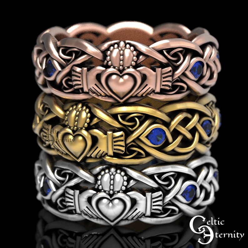 Gold Matching Claddagh Wedding Ring Set, 10K 14K Claddagh Wedding Bands, 18K Scottish Heart Ring, Gold Irish Crown Heart Rings, 1683 1687 image 10