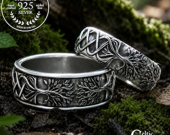 Matching Woven Tree Rings, Sterling His Hers Forest Wedding Set, Botanical Couples Rings in Silver, Druid Nature Lovers Ring Set, 2035 2036