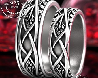 Matching Forest Wedding Ring Set, Sterling Celtic Tree of Life Rings, Bride Groom Nature Rings, Elven His Her Wedding Bands, 2130 2131