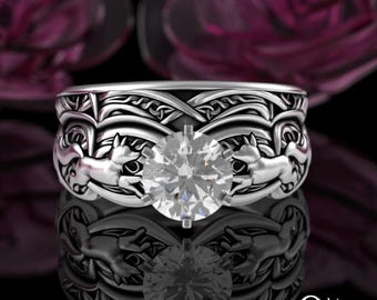 Sterling Moissanite Fox Bridal Wedding Set, Silver Scottish Stacking Marriage Rings, Matching Irish Bridal Set, Twin Flame Foxes, 3071 1971