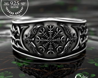 Sterling Silver Raven & Helm of Awe Ring, Mens Wedding Band, Raven Jewelry, Viking Ring, Raven Ring, Norse Ring, Viking Wedding Band, 1160