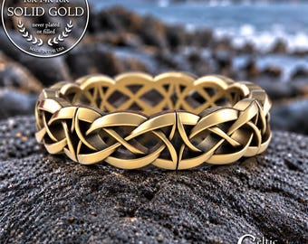 Women's Classic Gold Celtic Wedding Band, 10K Simple Irish Knot Ring, 14K Braided Bridal Ring, 18K White Gold Woven Scottish Band, 4019