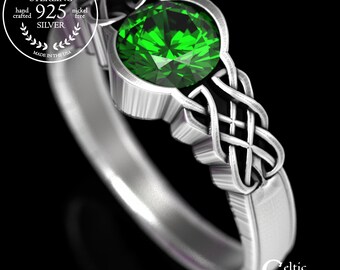 Celtic Emerald Engagement Ring, Emerald Solitaire Ring, Emerald & Silver Wedding Ring, Celtic Engagement Ring, Unique Engagement Ring, 1032