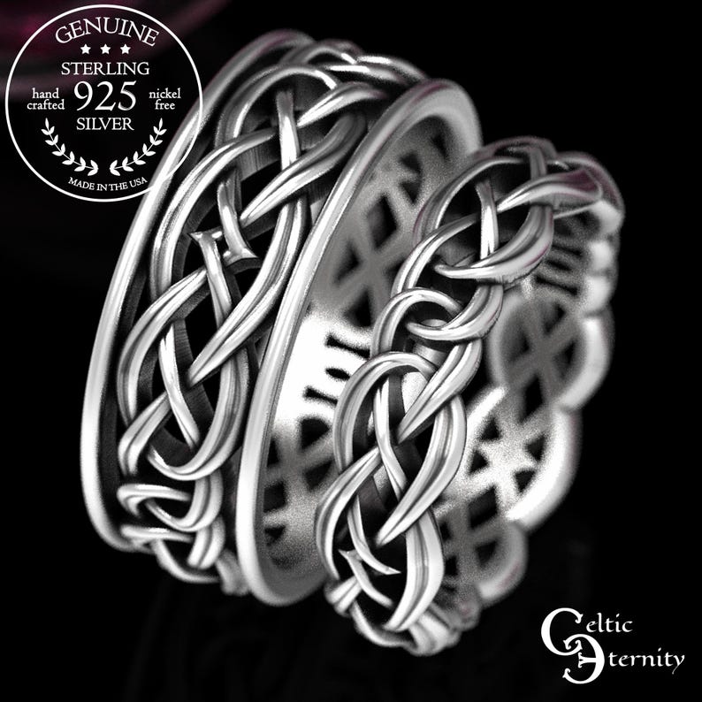 May include: Two sterling silver rings featuring intricate, raised Celtic knotwork patterns. The metal has a polished finish with darkened recessed areas to highlight the woven design. A circular seal reads GENUINE STERLING 925 SILVER.