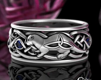 Sterling Otter Ring, Sapphire Celtic Ring, Celtic Otter Ring, Otter Wedding Ring, Sapphire Otter, Irish Otter Ring, Silver Otter Ring, 3026