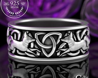 Classic Irish Fox Wedding Band, Sterling Men's Fated Foxes Ring, Wide Groom Celtic Trinity Knot Ring, Silver Fox Marriage Ring, 3249