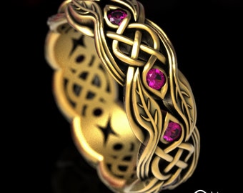 Ruby 10K Gold Leaves Celtic Knotwork Ring, 10K 14K Gold Irish Nature Wedding Band, Womens White Gold Botanical Inspired Wedding Ring, 1963