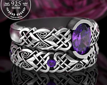 Sterling Fitted Engagement Ring Set, Amethyst Matching Celtic Wedding Ring Set, Silver Irish Wedding Band, Bridal Ring Set, 3018 3017