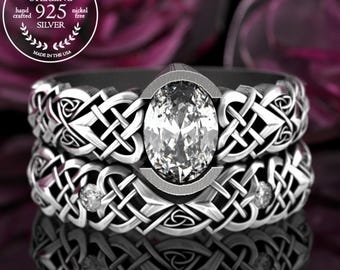 Stacked Bridal Ring Set, Sterling Moissanite Matching Engagement Rings, Silver Celtic Wedding Ring Set, Irish Heart Engagement, 3018 3017