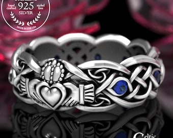 Sterling Silver Celtic Claddagh Ring with Sapphire, Modern Claddagh Wedding Ring, Sapphire Trinity Knot Silver Heart Ring, Irish Ring, 1684