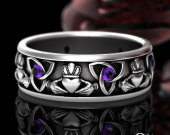 Amethyst Claddagh Ring, Mens Claddagh Wedding Band, Sterling Silver Irish Heart Crown Ring, Crown Wedding Ring, Scottish Handfast Ring, 3079