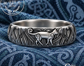 Sterling Silver Cat Ring, Celtic Cat Ring, Silver Cat Wedding Band, Celtic Cat Wedding Ring, Sterling Cat Jewelry, Irish Cat Ring, 1911