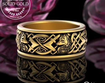 Gold or White Gold Mens Fox Ring, 10K 14K 18K Fox Ring, Celtic Heart Soulmate Wedding Ring, Irish Fox Ring, Mens Platinum Wedding Band, 3153