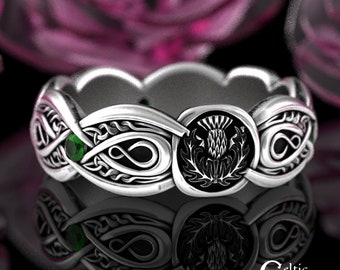Emerald Thistle Wedding Band, Sterling Silver Scottish Wedding Ring, Emerald & Silver Celtic Wedding Band, Irish Infinity Wedding Ring, 3035