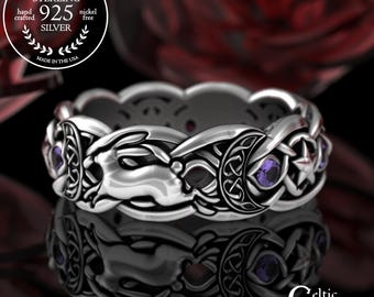 Amethyst Magical Rabbit Ring, Sterling Witch Crescent Moons Wedding Ring, Silver Bunny Goddess Ring, Celtic Magic Celestial Star Ring, 3285