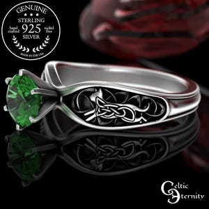 Emerald Irish Cat Solitaire Ring, Sterling Scottish Cats Engagement Ring, Silver Kitty Knotwork Ring, Ruby Feline Animal Wedding Ring, 3255