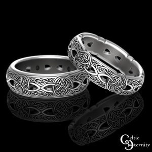 Matching Intricate Sterling Silver Wedding Bands, His Hers Celtic Irish Scottish Knotwork Ring Set, Woven Heart Bride Groom Rings, 1965 1407