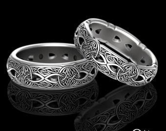 Matching Intricate Sterling Silver Wedding Bands, His Hers Celtic Irish Scottish Knotwork Ring Set, Woven Heart Bride Groom Rings, 1965 1407