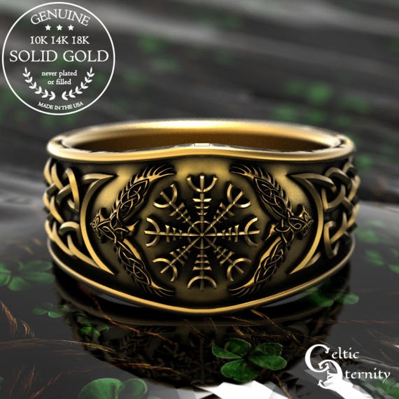 Gold Viking Signet Ring, White Gold Viking Wedding Band, Platinum Raven Ring, Gold Magical Jewelry, Platinum Pagan Ring, Viking Sigil, 1160
