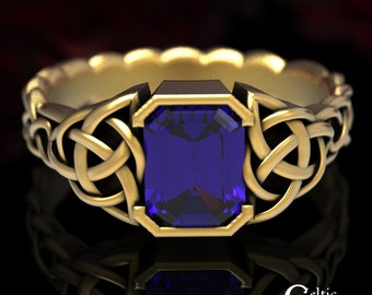 Amethyst + Gold Engagement Ring, Gold Wedding Ring, Emerald Cut Engagement Ring, Goddess Ring, Celtic Wedding Ring, Platinum Engagement,1306