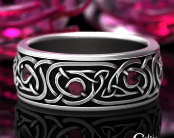 Sterling Celtic Wedding Ring, Mens Ruby Celtic Ring, Sterling Knotwork Ring, Silver Celtic Ring, Irish Wedding Ring, Mens Celtic Ring, 1917