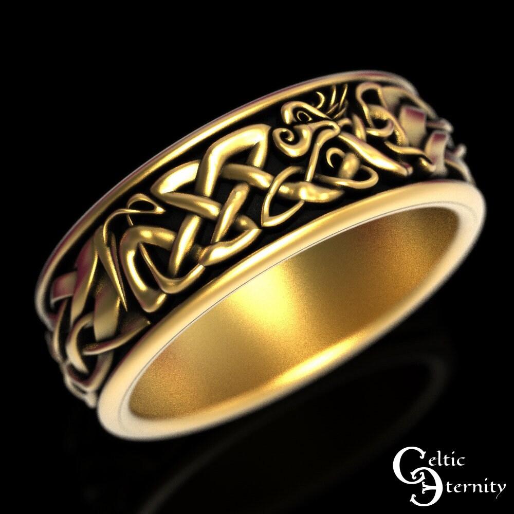 Gold Dragon Wedding Ring, Mens Celtic Dragon Ring, 10K Norse Wedding
